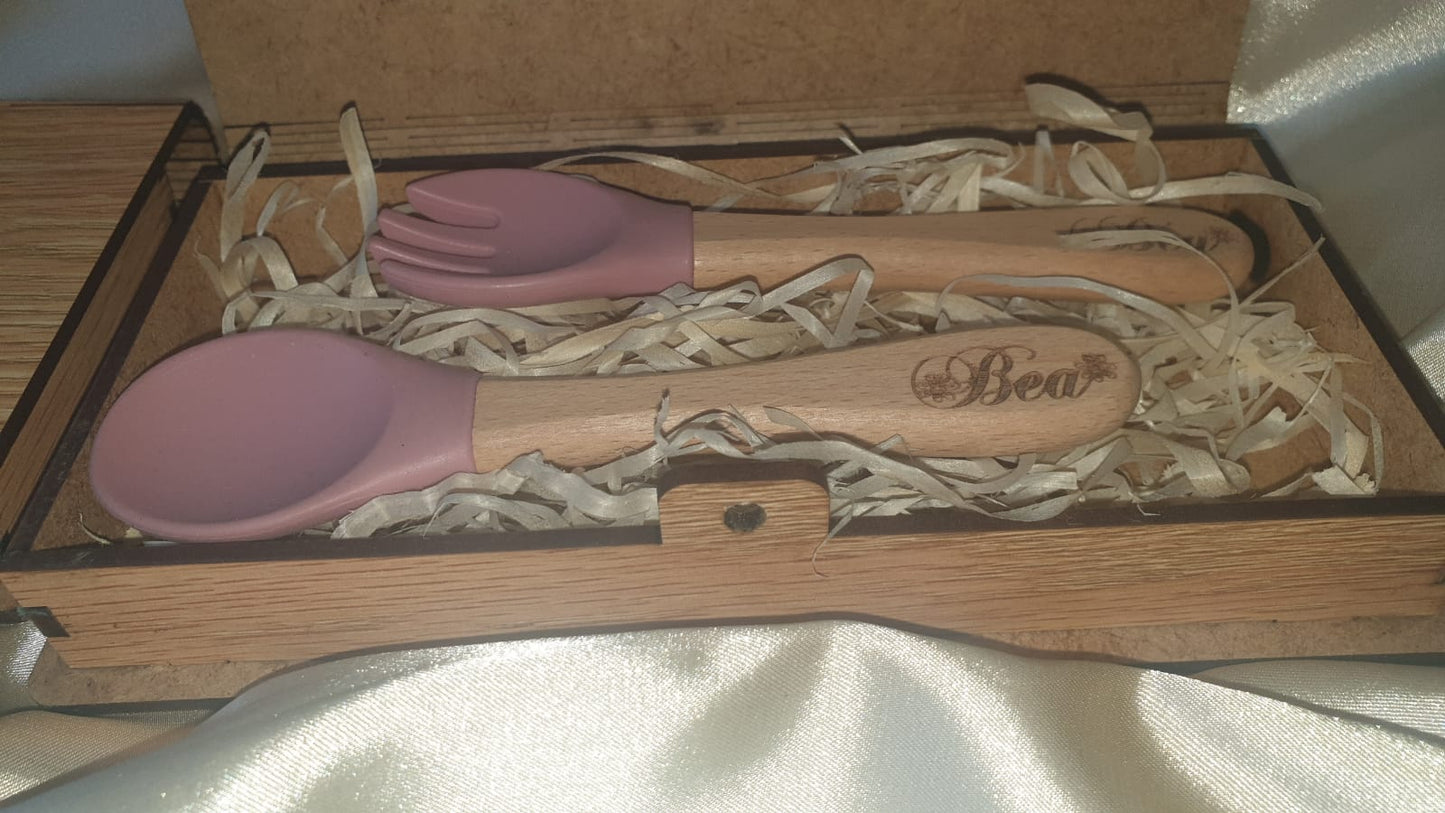 Engraved Baby spoon and fork set with box