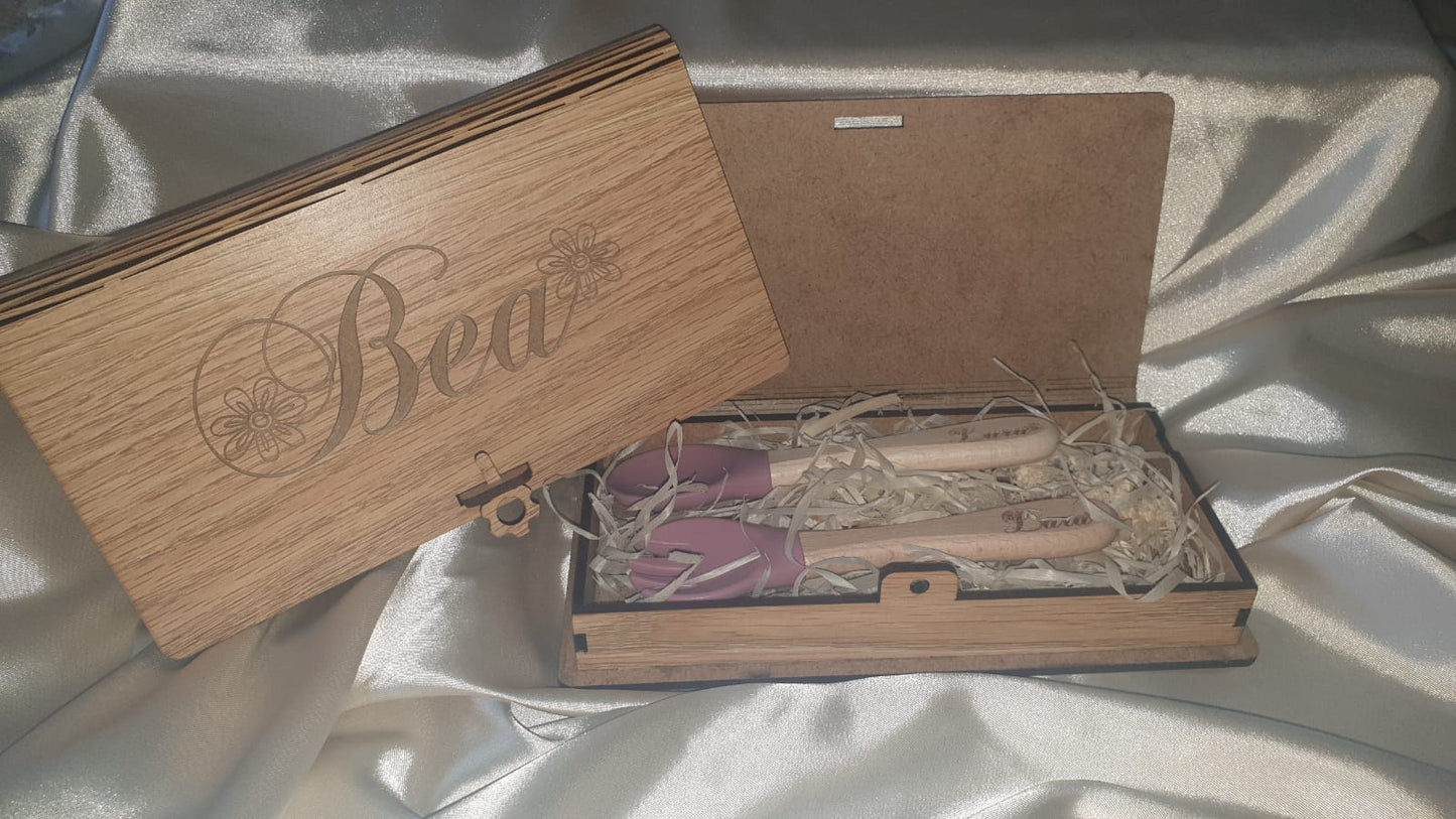 Engraved Baby spoon and fork set with box