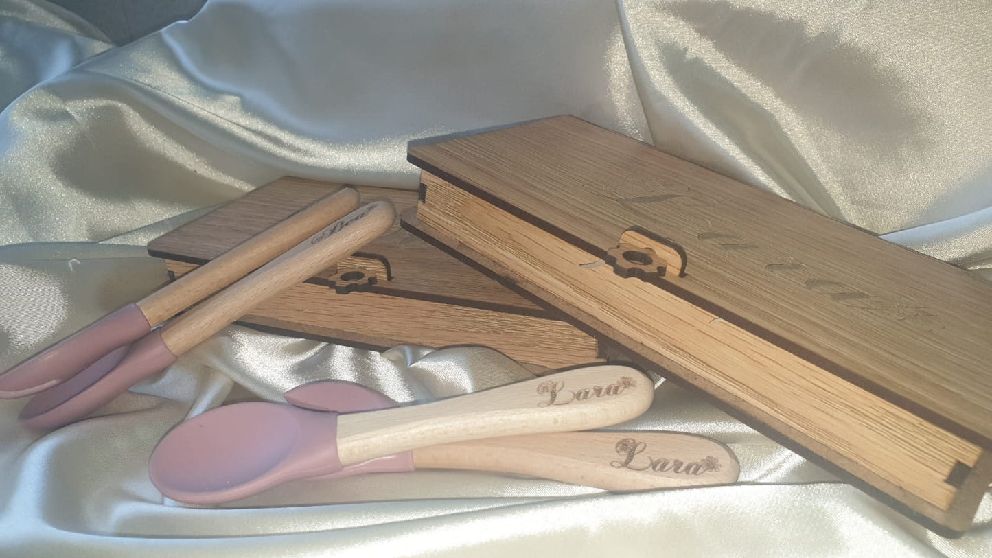 Engraved Baby spoon and fork set with box