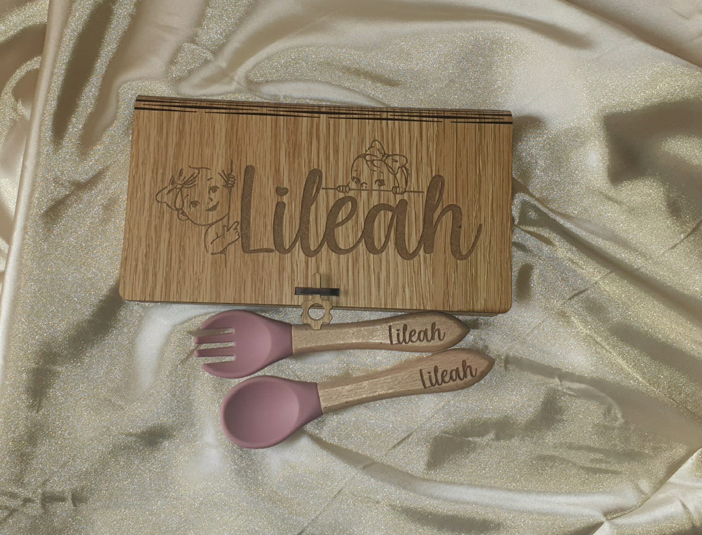 Engraved Baby spoon and fork set with box